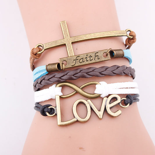 Faith Love Pendant Woven Leather Rope Bracelet