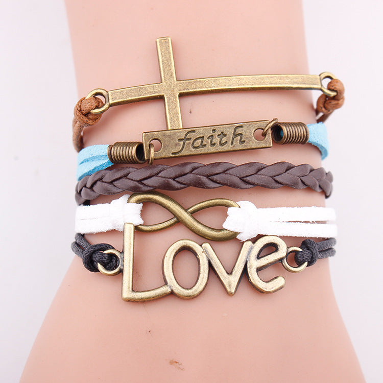 Faith Love Pendant Woven Leather Rope Bracelet