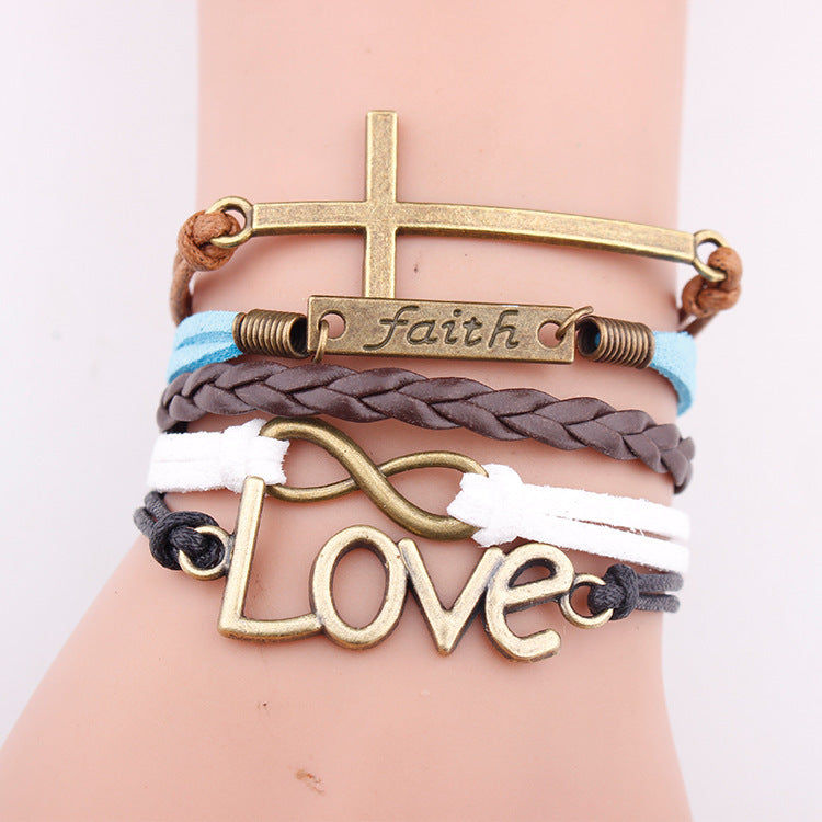 Faith Love Pendant Woven Leather Rope Bracelet