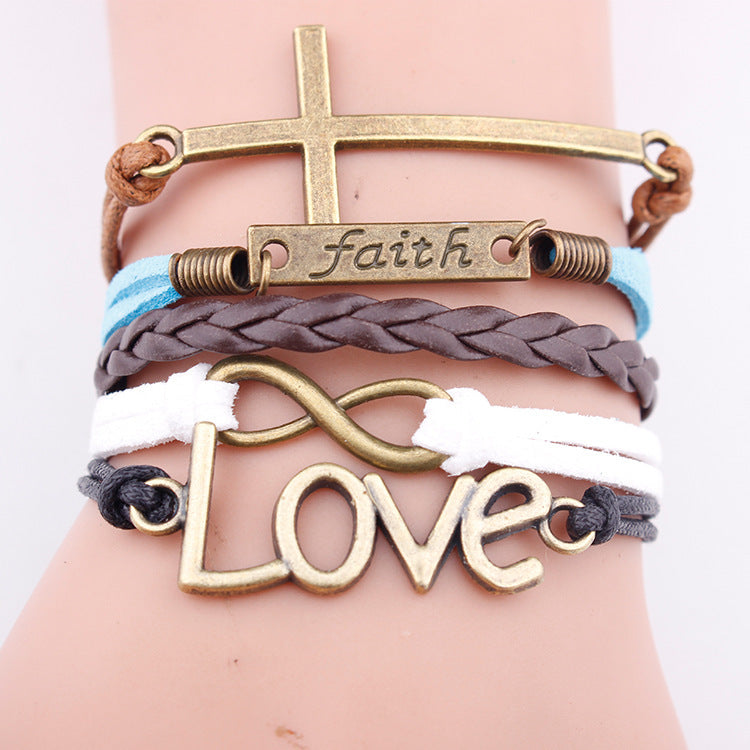 Faith Love Pendant Woven Leather Rope Bracelet