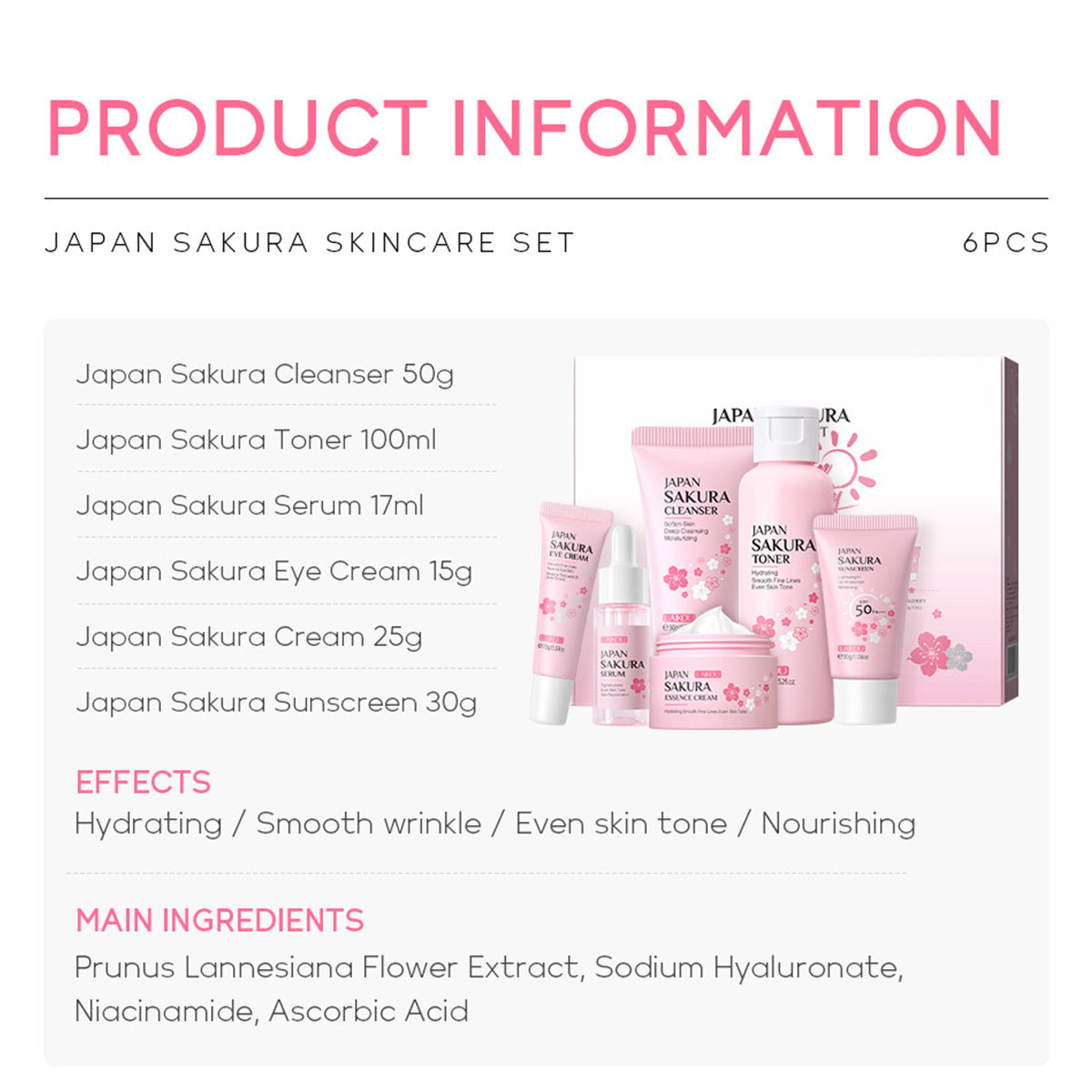 6pcs JAPAN SAKURA Skin Care Set,Travel Kit TSA-friendly Sizes