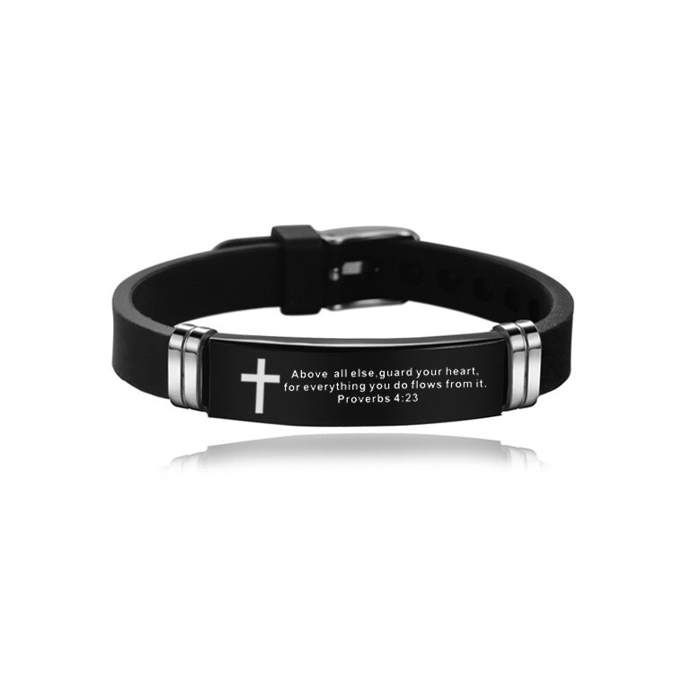 Christian Bible Scripture Cross Bracelet Stainless Steel with Silicone Strap