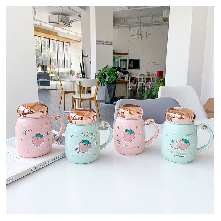 Cute Strawberry Ceramic Mug Mirror Cover Sealed Cups