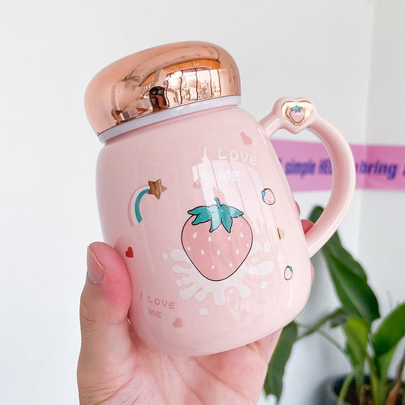 Cute Strawberry Ceramic Mug Mirror Cover Sealed Cups