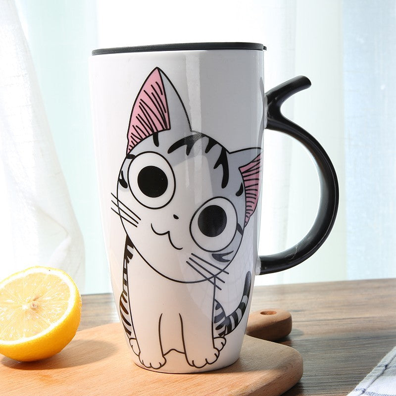 Cute Cat Ceramic Coffee Mug With Lid 600ml