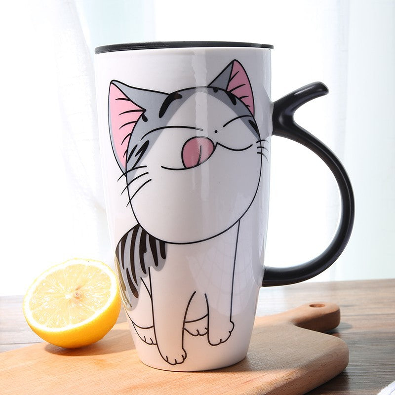 Cute Cat Ceramic Coffee Mug With Lid 600ml