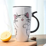 Cute Cat Ceramic Coffee Mug With Lid 600ml
