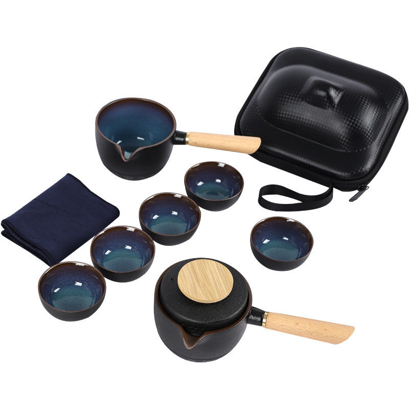 Black Pottery Side Handle Pot Travel Tea Set