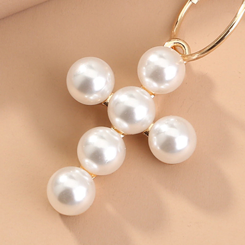 Cross Handmade Pearl Inlaid Alloy Metal Earrings