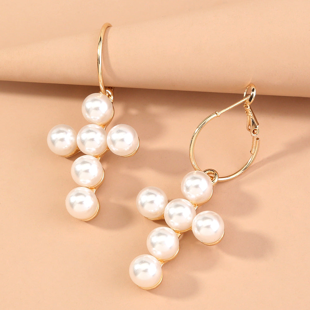 Cross Handmade Pearl Inlaid Alloy Metal Earrings