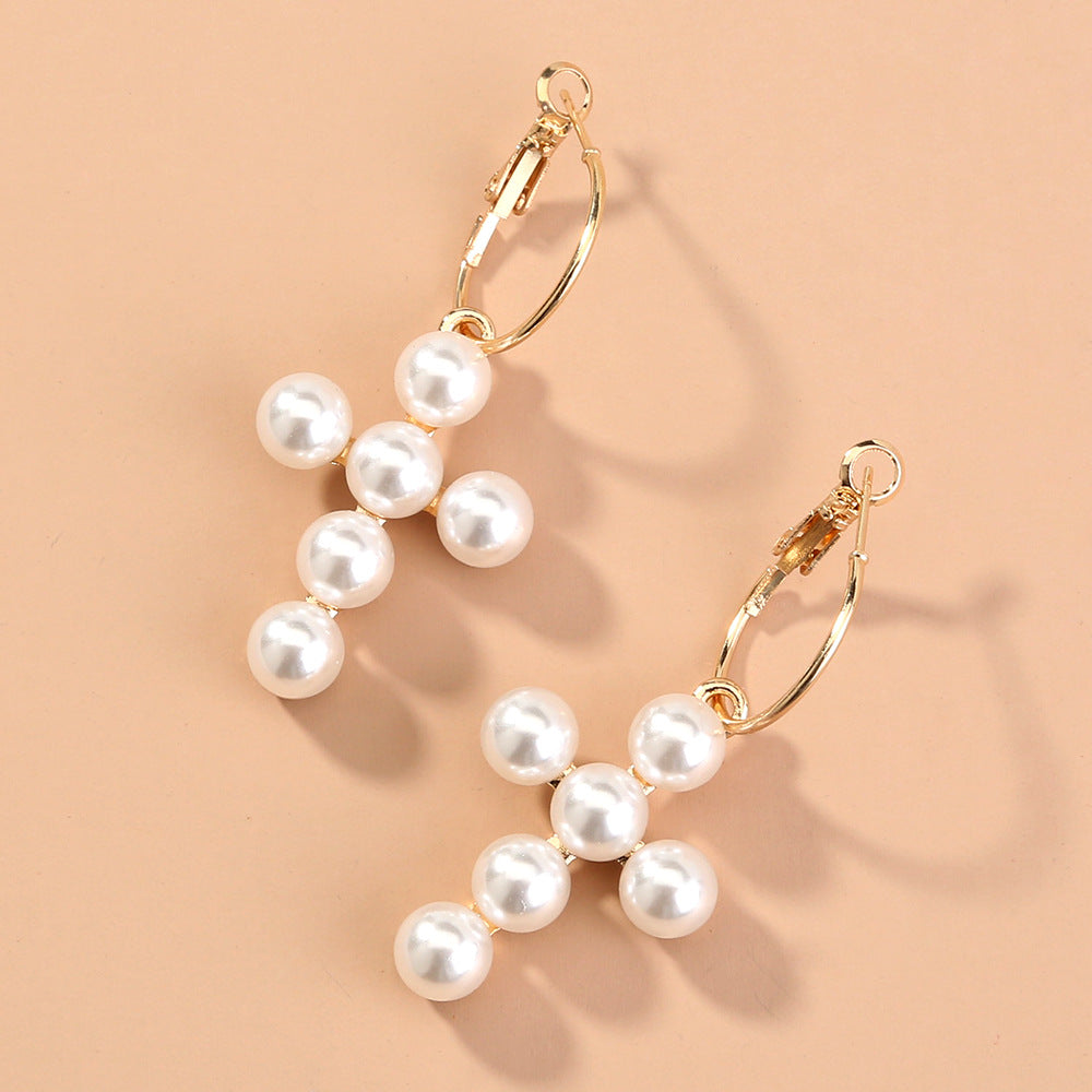 Cross Handmade Pearl Inlaid Alloy Metal Earrings