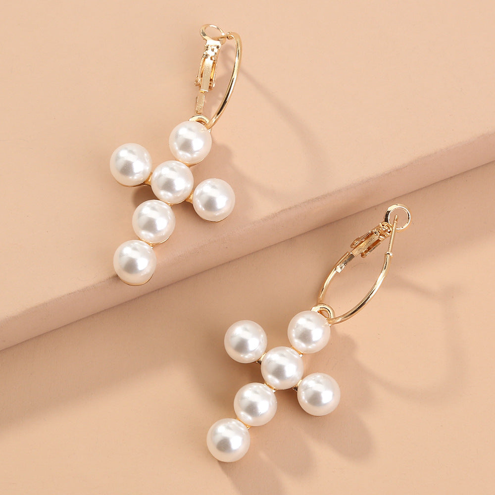 Cross Handmade Pearl Inlaid Alloy Metal Earrings