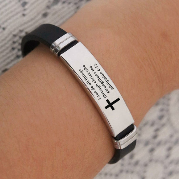 Christian Bible Scripture Cross Bracelet Stainless Steel with Silicone Strap
