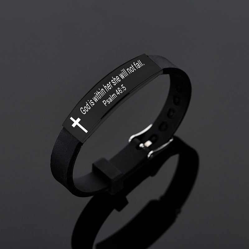 Christian Bible Verse Cross Stainless Steel w/ Silicone Adjustable Bangle Bracelace