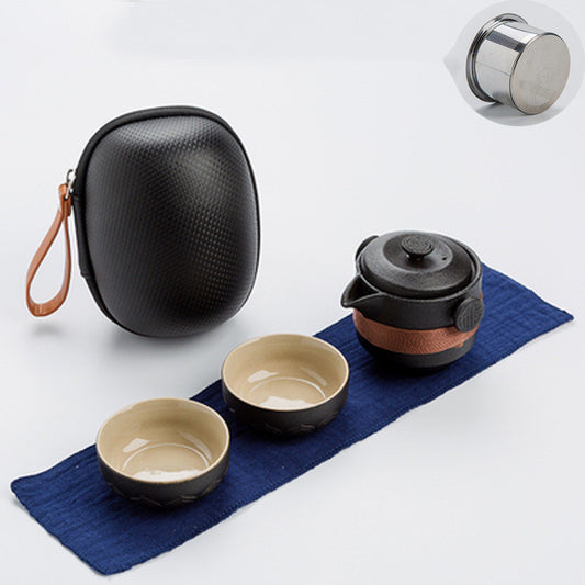 Portable Black Pottery Crack Cup 1 Pot 2 Cups