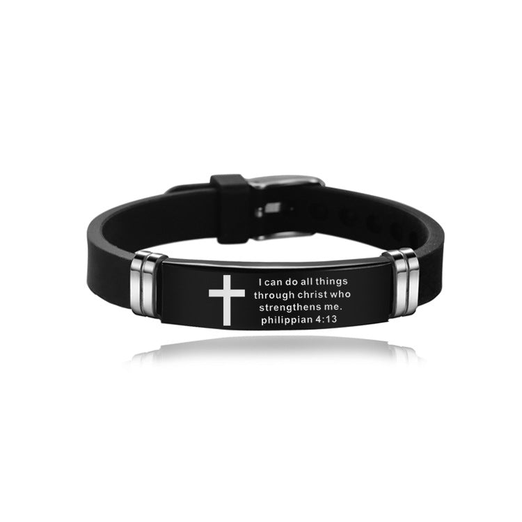 Christian Bible Scripture Cross Bracelet Stainless Steel with Silicone Strap