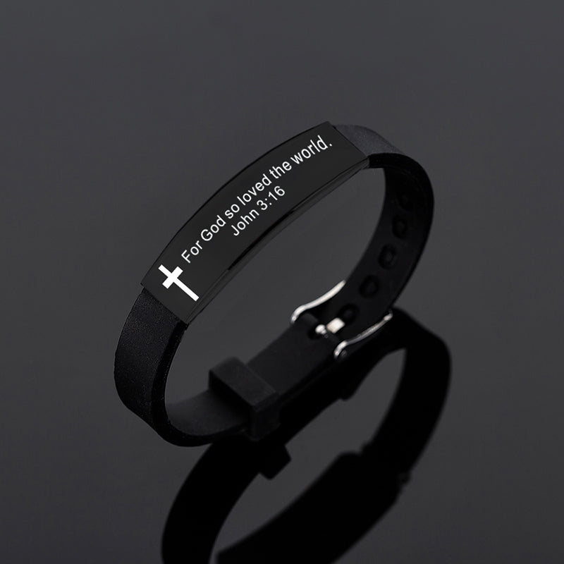 Christian Bible Verse Cross Stainless Steel w/ Silicone Adjustable Bangle Bracelace