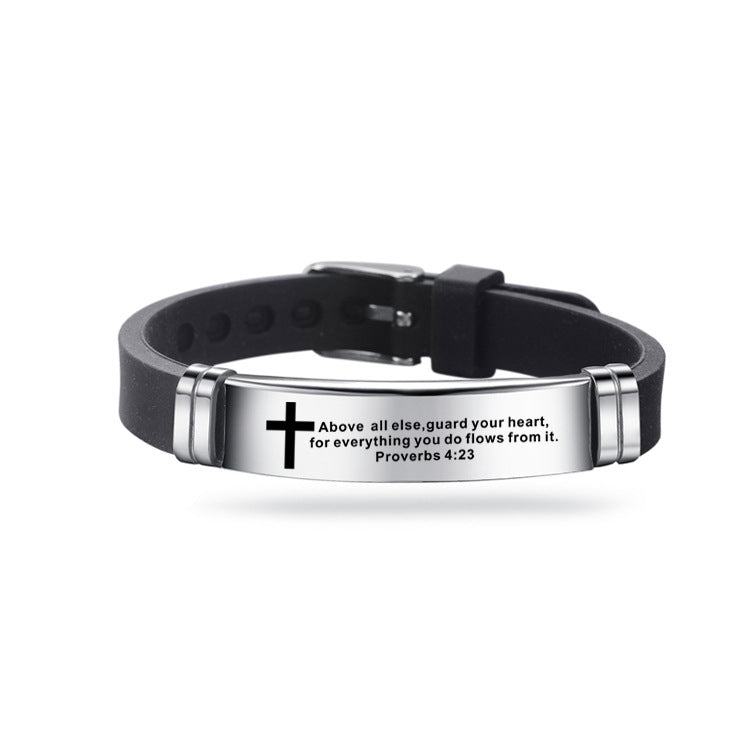 Christian Bible Scripture Cross Bracelet Stainless Steel with Silicone Strap