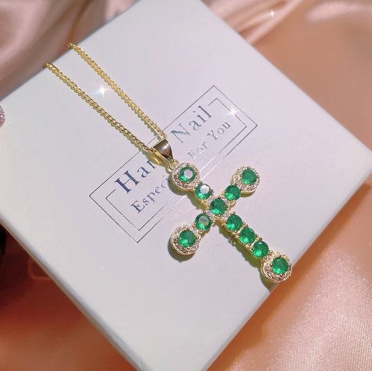 Green Crystal Zircon Cross Necklace Women