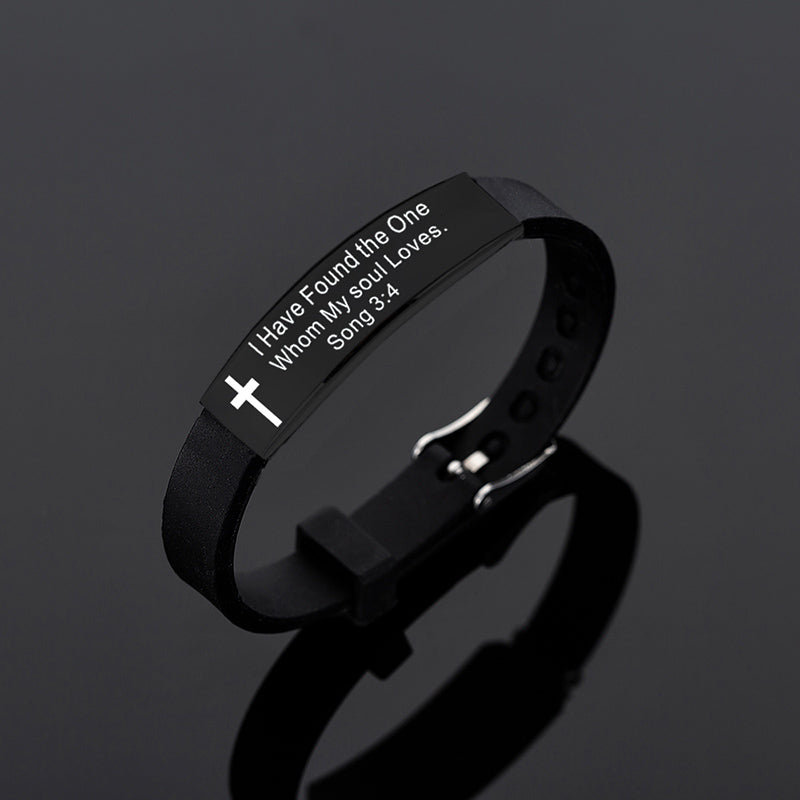 Christian Bible Verse Cross Stainless Steel w/ Silicone Adjustable Bangle Bracelace