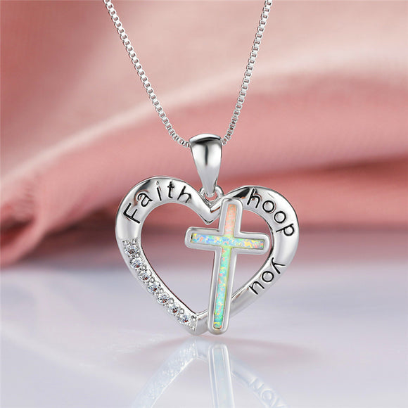 Silver & Gold-Plated Opal Love Heart Shaped Cross Necklace Pendant